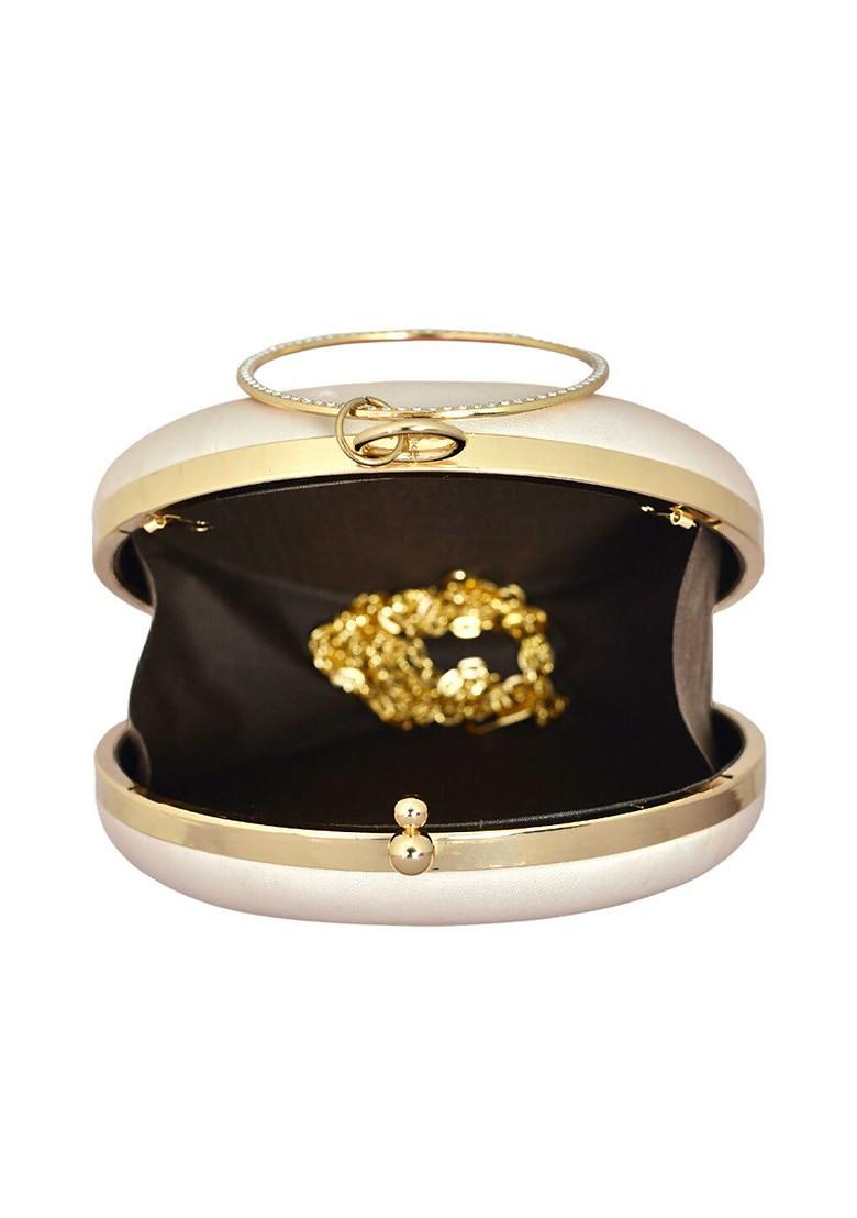 Cream Fabric Printed Box Clutch With Shoulder Strap - Indya