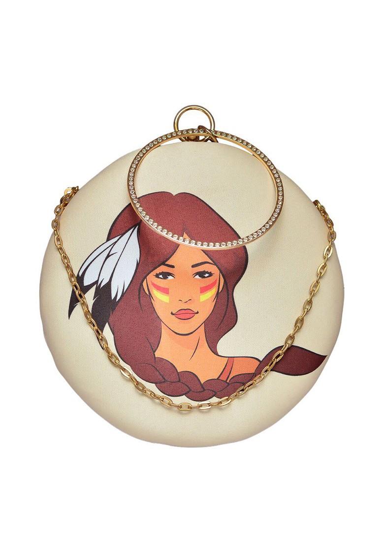 Cream Fabric Printed Box Clutch With Shoulder Strap - Indya