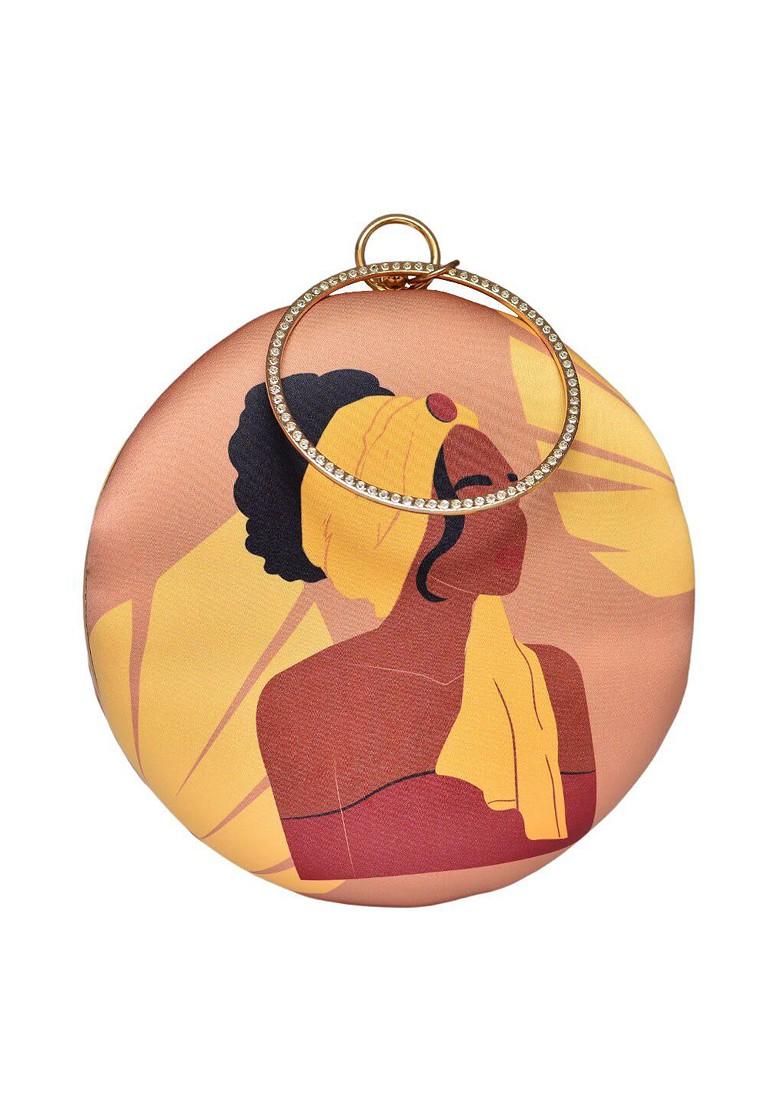 Brown Fabric Printed Box Clutch With Shoulder Strap - Indya