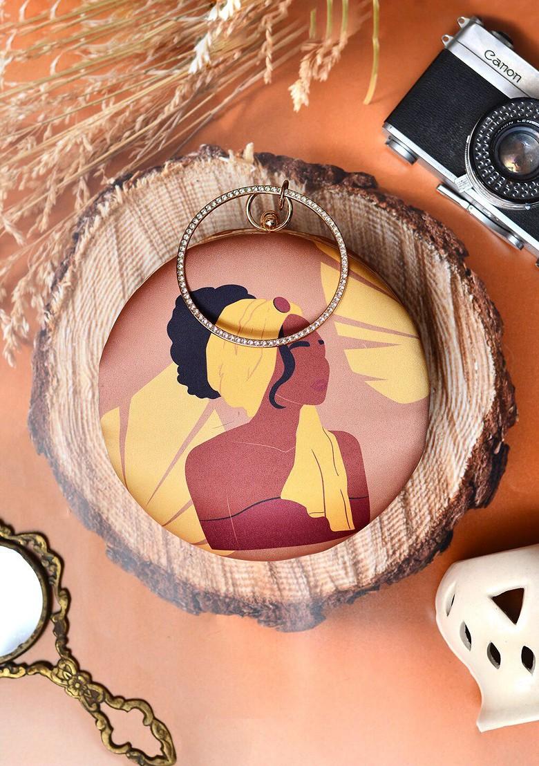 Brown Fabric Printed Box Clutch With Shoulder Strap - Indya