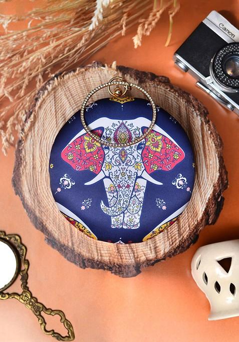 Blue Fabric White Elephant Round Printed Box Clutch