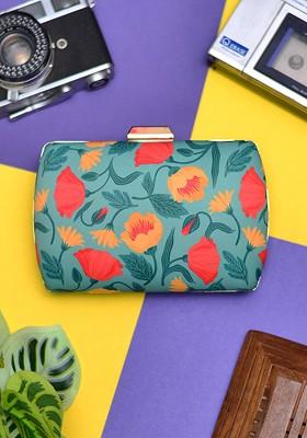 Green Fabric Printed Box Clutch