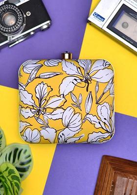 Yellow Fabric Floral Printed Box Clutch