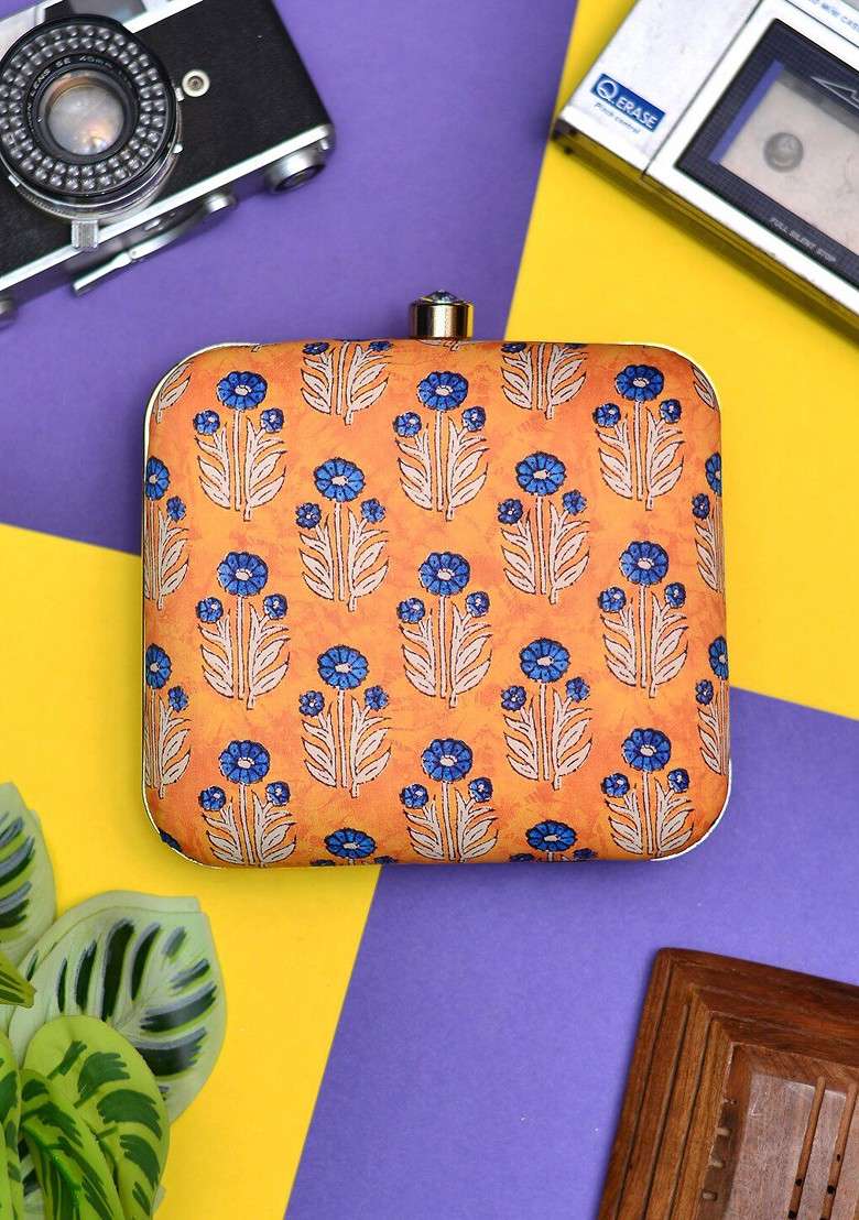 Yellow Fabric Floral Printed Box Clutch - Indya