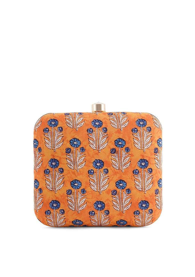 Yellow Fabric Floral Printed Box Clutch - Indya
