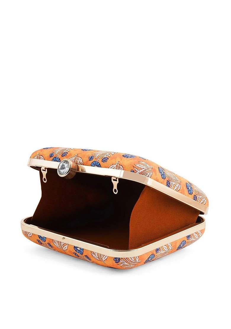 Yellow Fabric Floral Printed Box Clutch - Indya