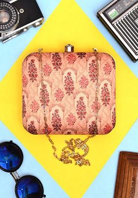 Peach Fabric Printed Box Clutch