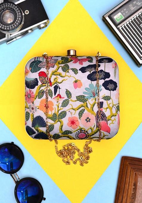 Purple Fabric Floral Printed Box Clutch