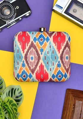 Blue Fabric Geometric Printed Box Clutch