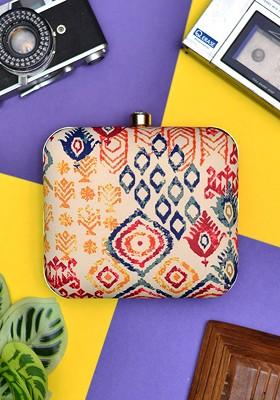 Orange Fabric Printed Box Clutch