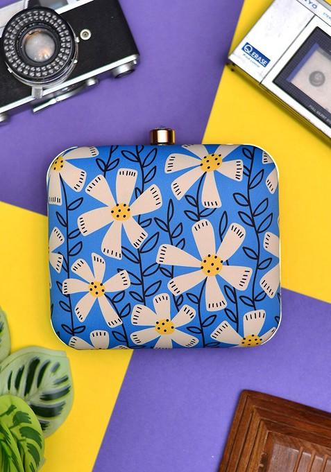 Blue Fabric Floral Printed Box Clutch