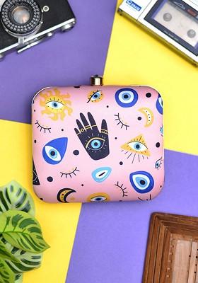 Pink Fabric Evil Eye Printed Box Clutch