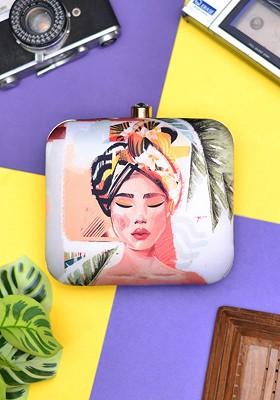 Peach Fabric Woman Portrait Printed Box Clutch
