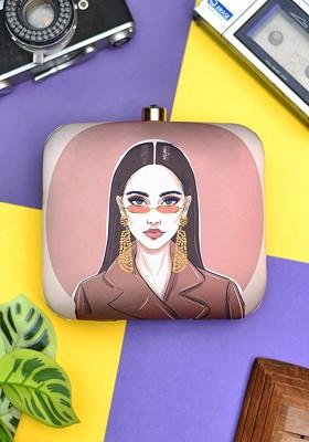Brown Fabric Woman Portrait Printed Box Clutch