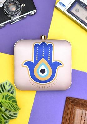Cream Fabric Evil Eye Printed Box Clutch