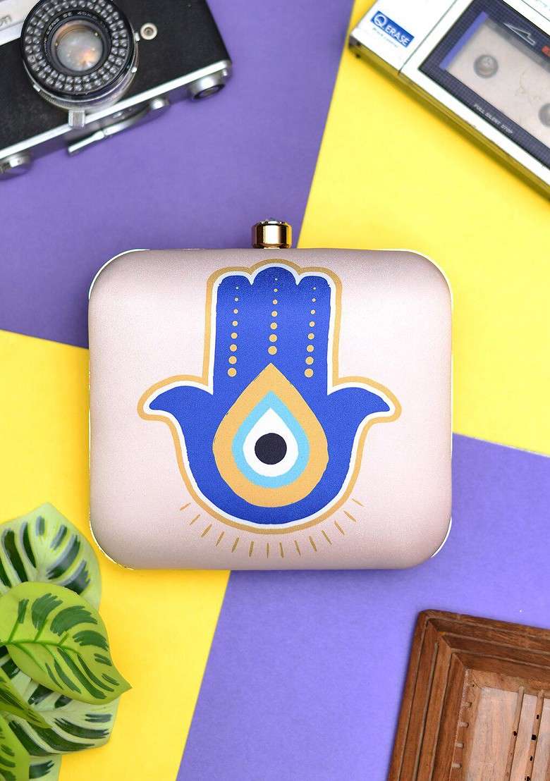 Cream Fabric Evil Eye Printed Box Clutch - Indya