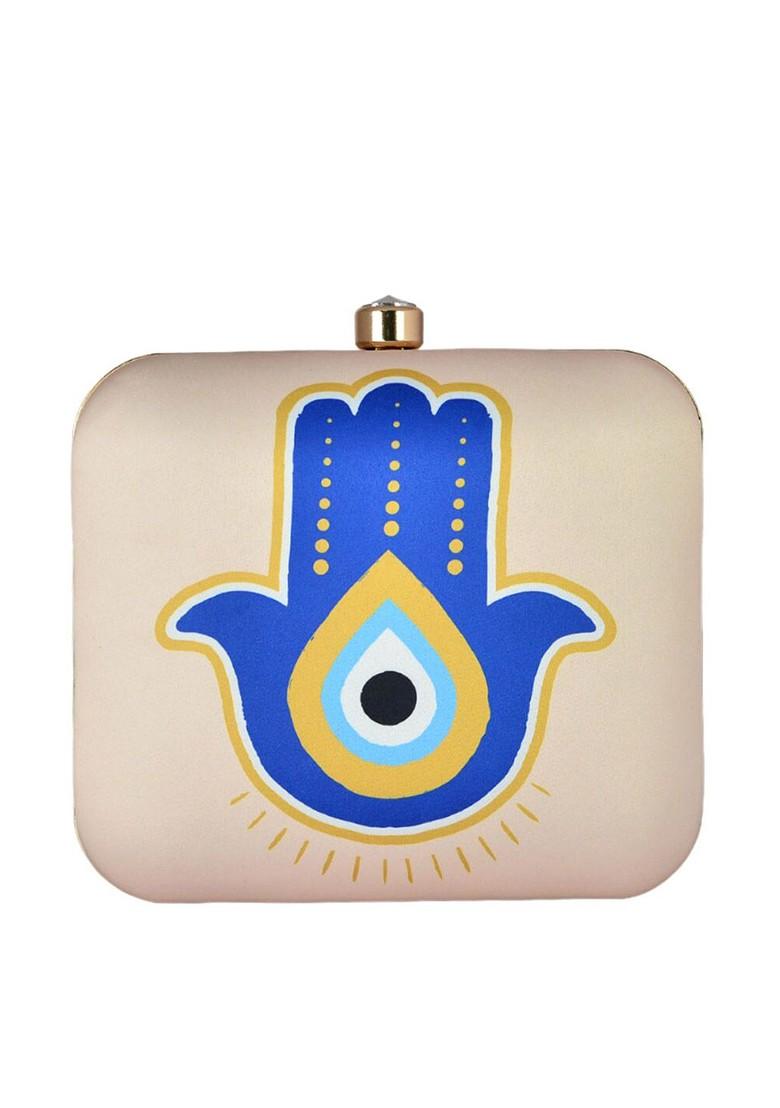 Cream Fabric Evil Eye Printed Box Clutch