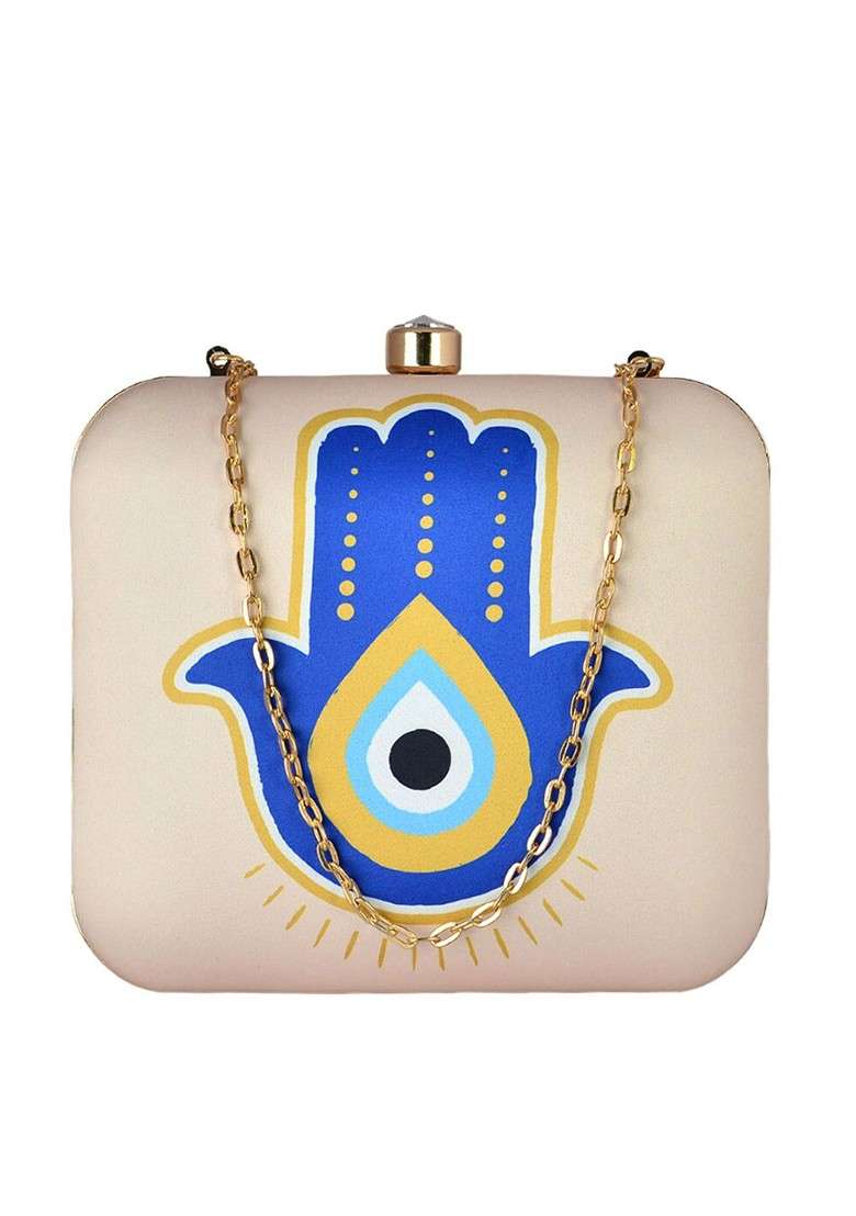 Cream Fabric Evil Eye Printed Box Clutch - Indya