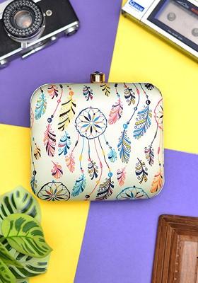 Grey Fabric Dream Catcher Printed Box Clutch