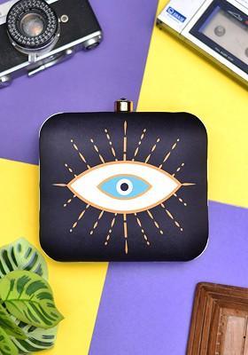 Black Fabric Evil Eye Printed Box Clutch