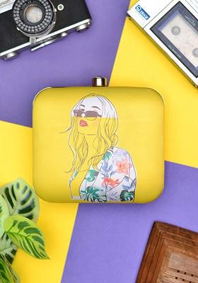 Yellow Fabric Printed Box Clutch