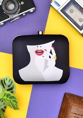 Black Fabric Half Face Women Printed Box Clutch