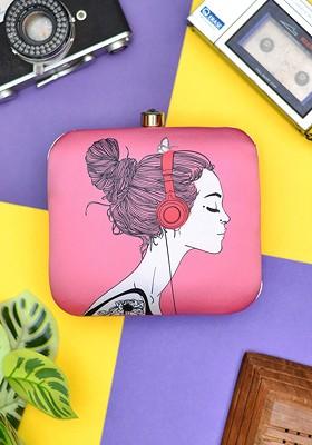 Pink Fabric Woman Portrait Printed Box Clutch