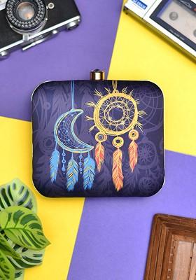 Grey Fabric Dream Catcher Printed Box Clutch