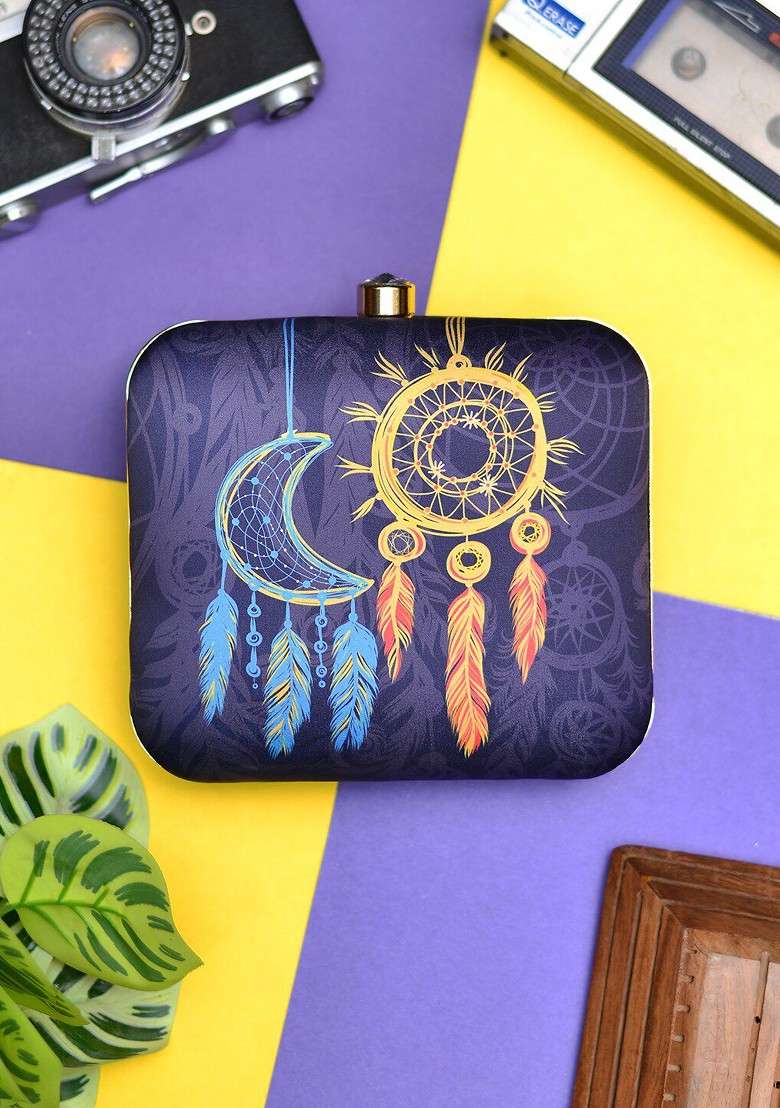 Grey Fabric Dream Catcher Printed Box Clutch - Indya