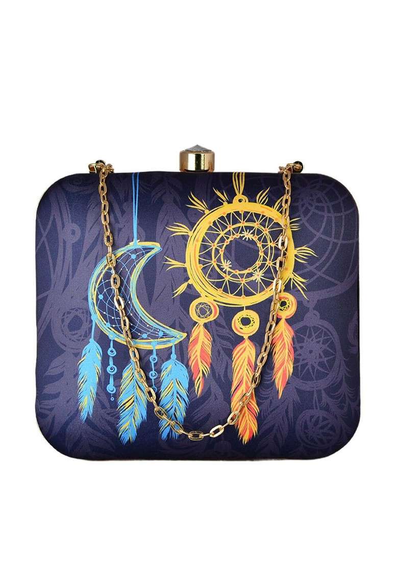 Grey Fabric Dream Catcher Printed Box Clutch - Indya