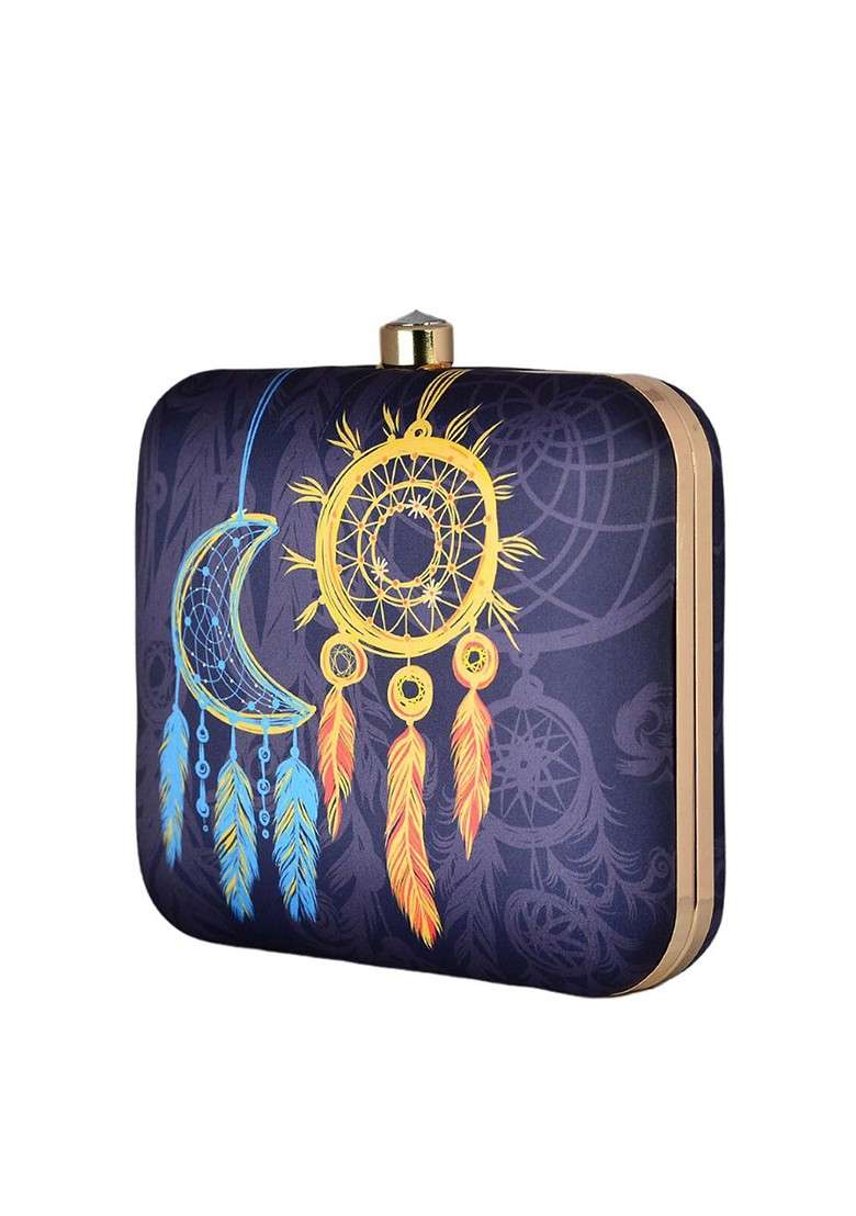 Grey Fabric Dream Catcher Printed Box Clutch - Indya