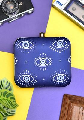 Blue Fabric Women Evil Eye Printed Fabric Box Clutch