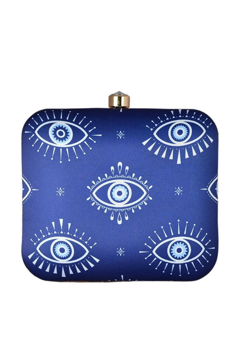 Blue Fabric Women Evil Eye Printed Fabric Box Clutch - Indya