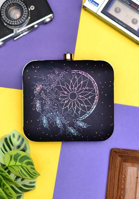 Black Fabric Printed Box Clutch