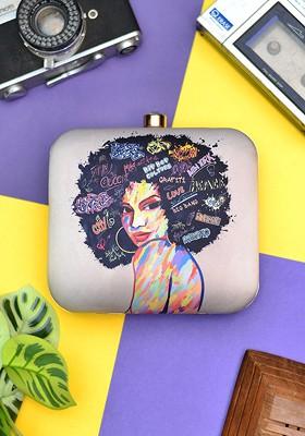 Grey Fabric Printed Box Clutch