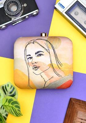 Beige Fabric Printed Box Clutch