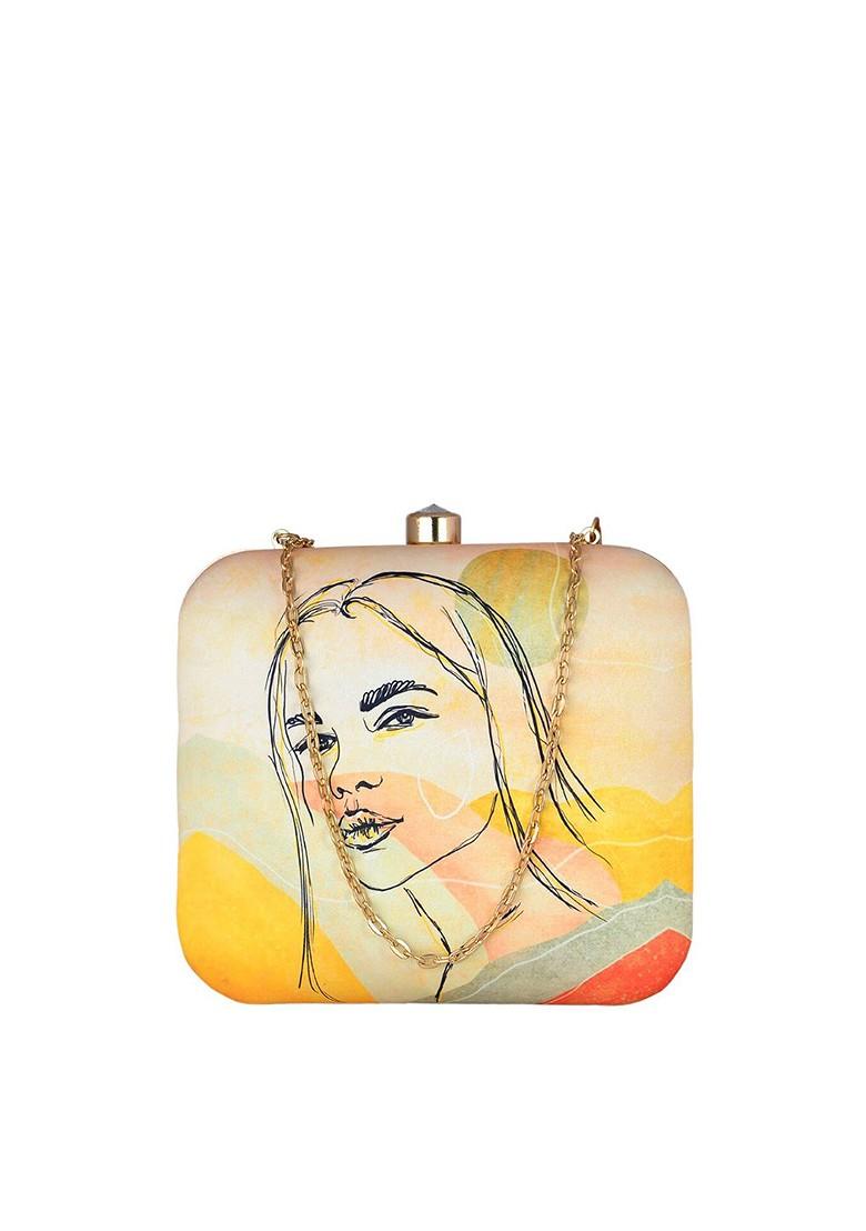 Beige Fabric Printed Box Clutch - Indya