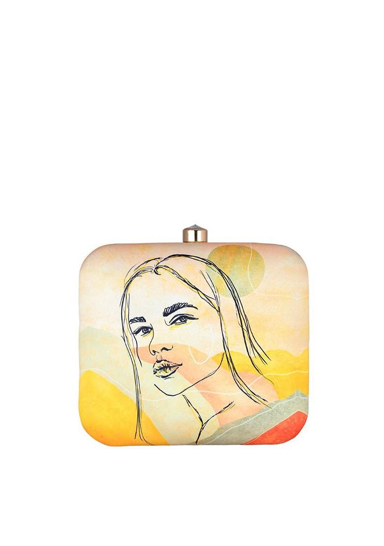 Beige Fabric Printed Box Clutch - Indya