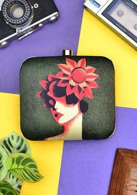Green Fabric Printed Box Clutch