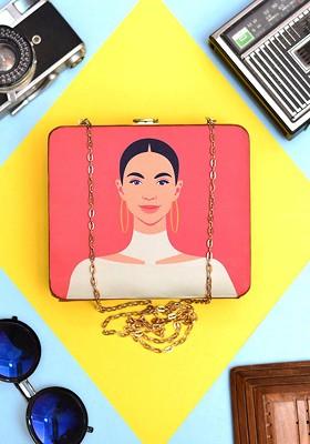 Red Fabric Printed Shoulder Strap Box Clutch