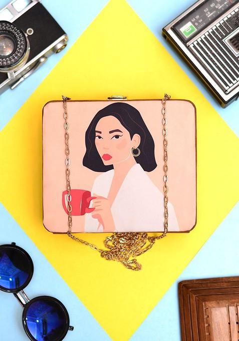 Peach Fabric Printed Shoulder Strap Box Clutch