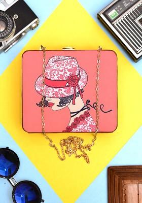 Coral Fabric Printed Shoulder Strap Box Clutch