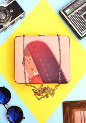 Peach Fabric Woman Portrait Printed Shoulder Strap Box Clutch