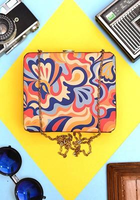 Blue Fabric Quirky Pattern Printed Shoulder Strap Box Clutch