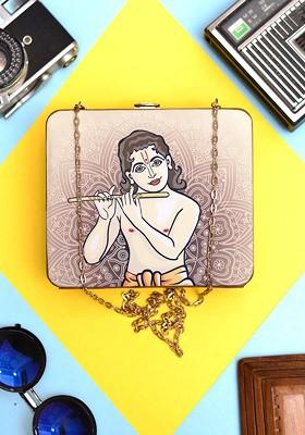 Cream Fabric Krishna Printed Shoulder Strap Box Clutch