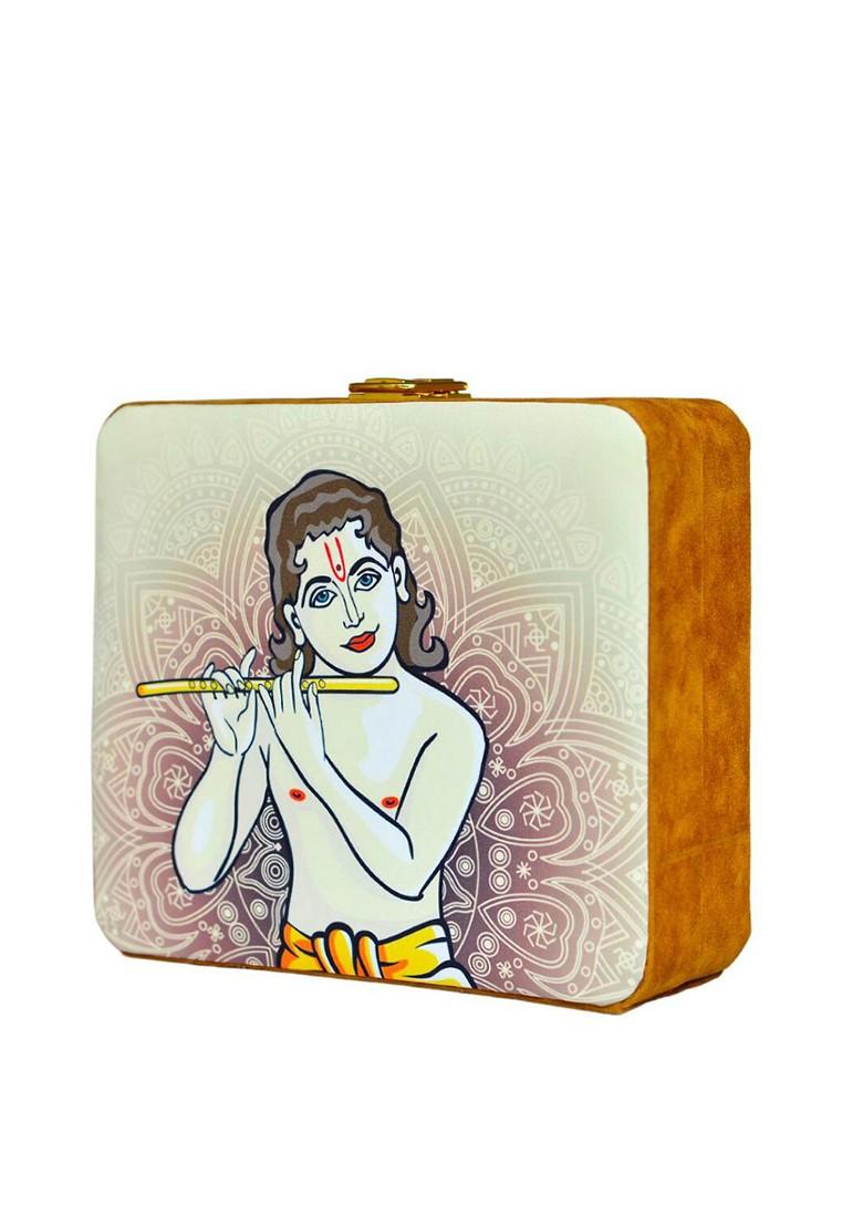 Cream Fabric Krishna Printed Shoulder Strap Box Clutch - Indya