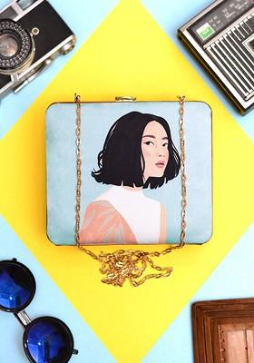 Blue Fabric Printed Shoulder Strap Box Clutch