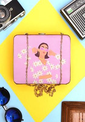 Purple Fabric Woman Printed Mdf Box Clutch