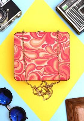 Red Fabric Quirky Printed Mdf Box Clutch