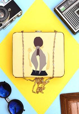 Cream Fabric Band Women Printed Mdf Box Clutch